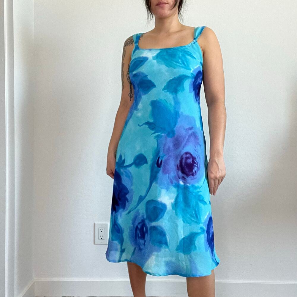 Megan Elisse Blue Watercolor Floral Slip Dress Sz 5‎ Y2K 90s Midi Made in USA